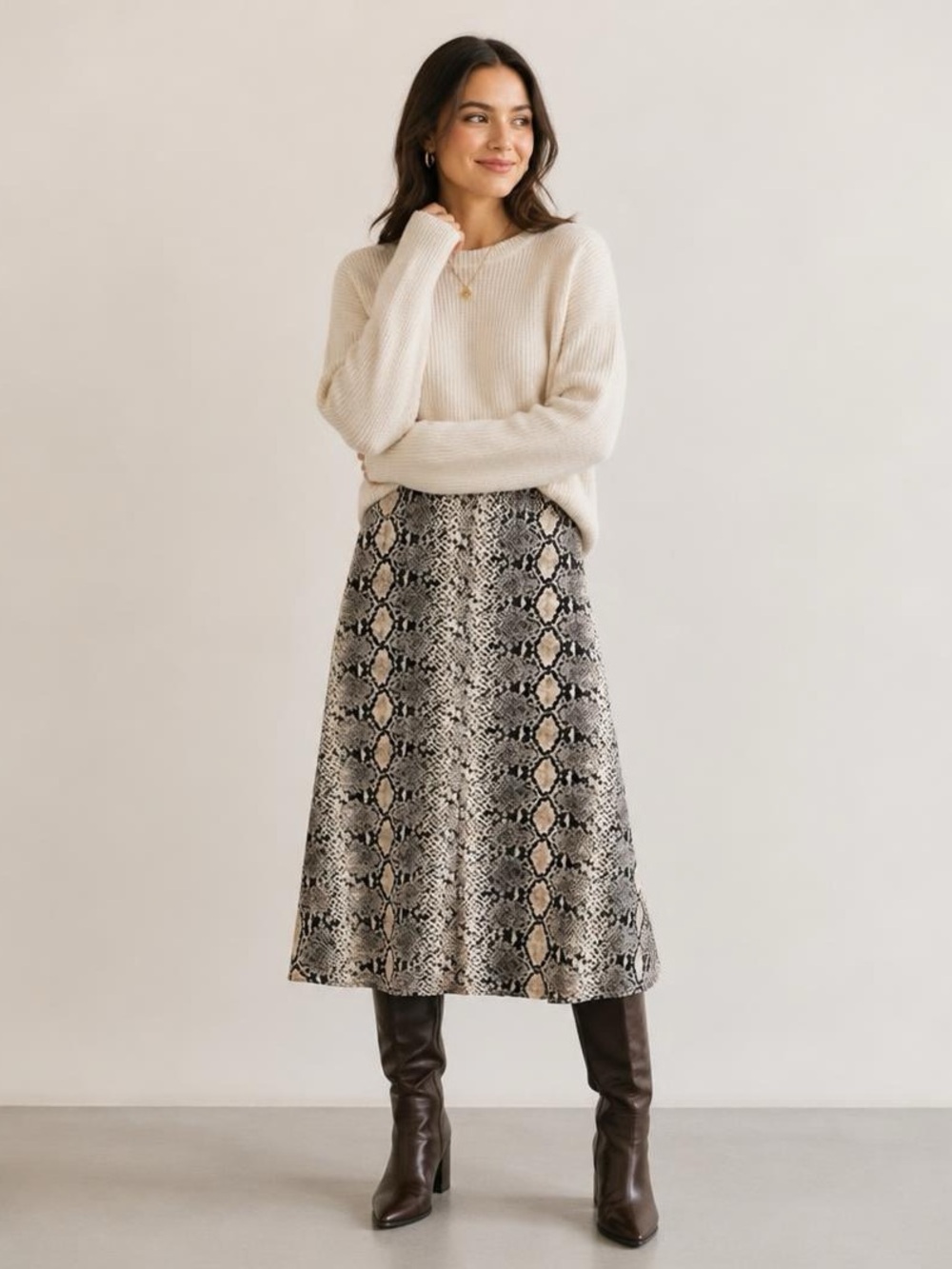 SHEIN Beige & Black Snakeskin Midi Skirt
